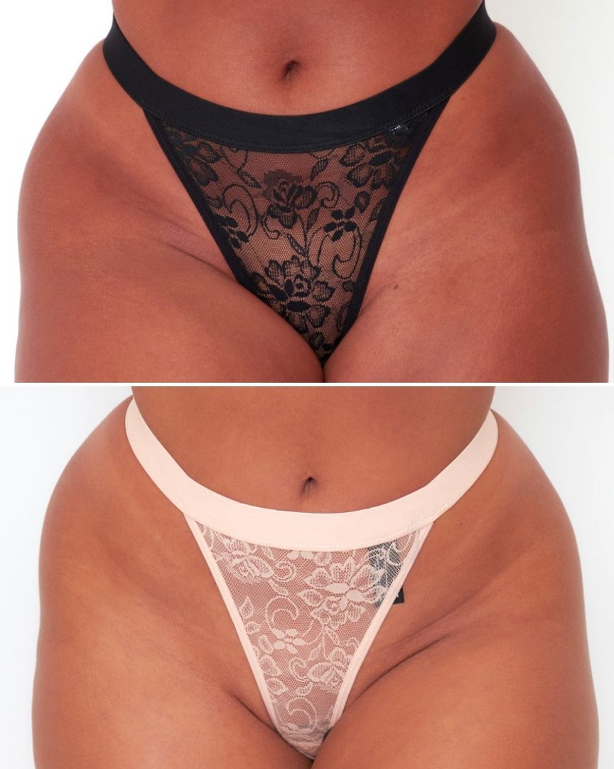 Millie-Mae Twin Pack Thongs in Midnight Black and Blush Pink featuring sheer floral lace, high-leg styling and comfortable curve-loving fit in sizes up to plus size.