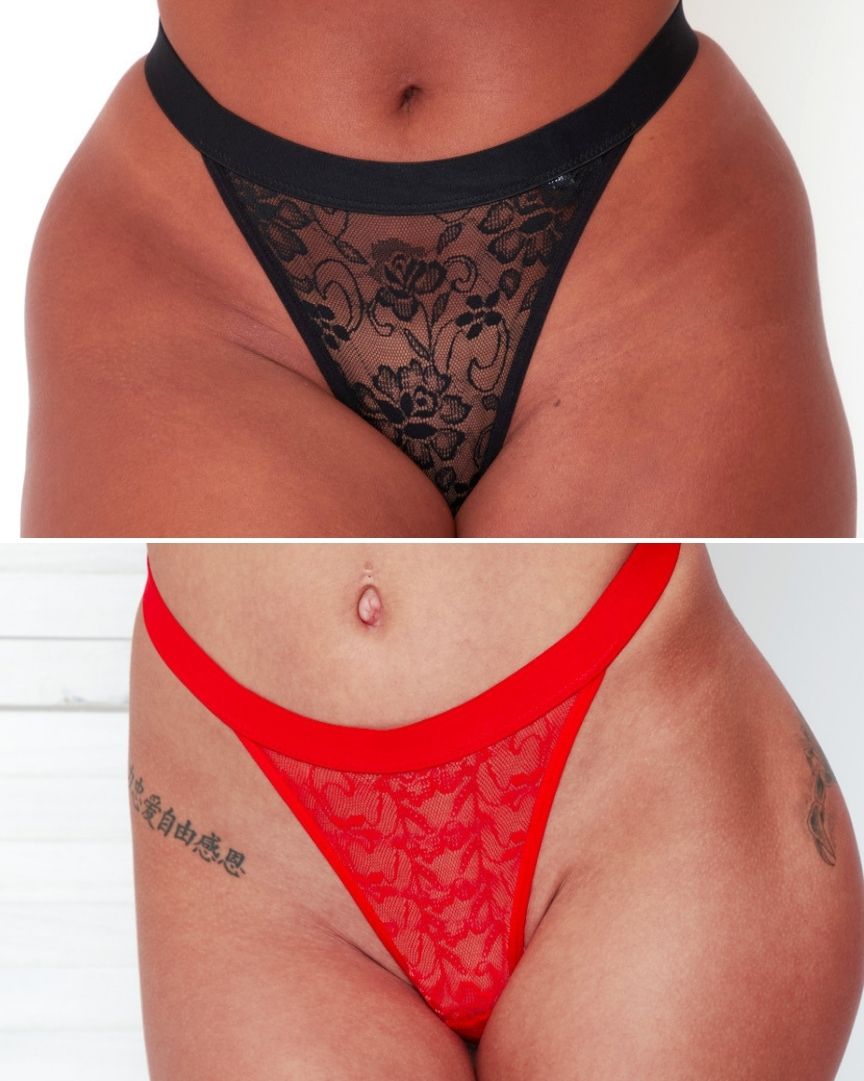 Millie-Mae Twin Pack Thongs in Midnight Black and Scarlet Red featuring sheer floral lace, high-leg styling and comfortable curve-loving fit in sizes up to plus size.