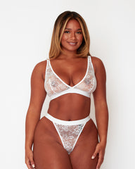 Full-length front view of the Millie-Mae Fullerbust Triangle Bralette and Thong Set in Ice White, featuring soft sheer floral lace, a flattering plunge neckline, and a matching no-VPL thong designed for curves.