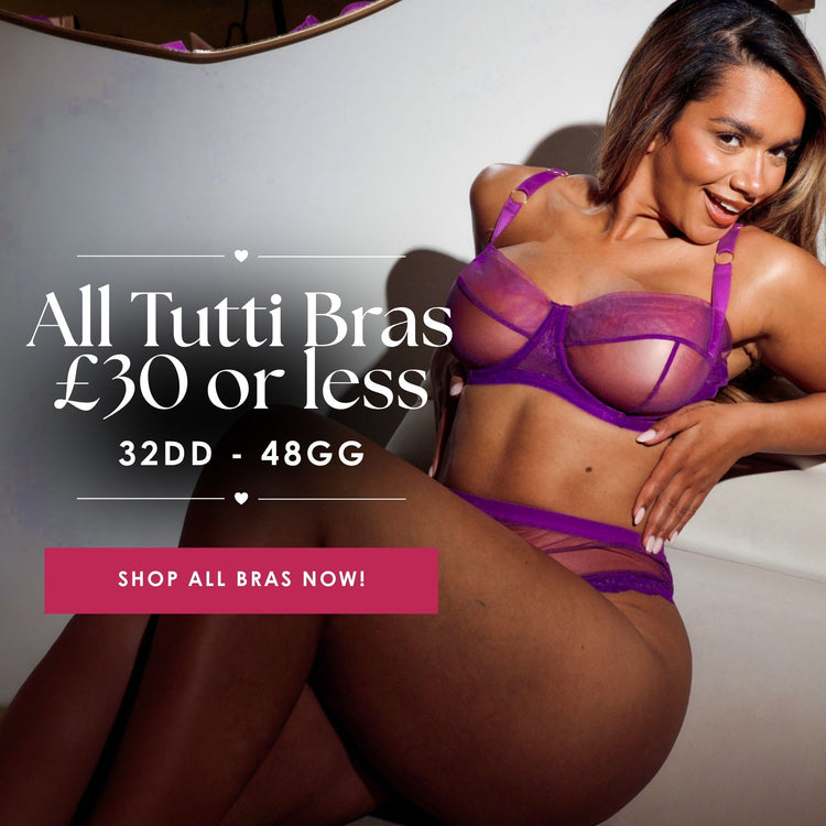 Shop Tutti Rouge fuller-bust bras, all £30 or less in sizes 32DD–48GG. Model wearing a purple mesh bra and matching briefs.