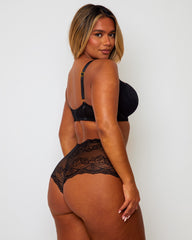 Back view of the Tutti Rouge Tutti Booster Lace Fuller Bust Bra in Luscious Liquorice featuring adjustable straps with gold heart hardware and a secure hook-and-eye fastening.