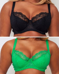 Tutti Booster Bra Twin Pack in Luscious Liquorice and Ample Apple with underwired plunge cups, supportive fit and decorative lace.