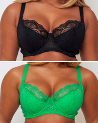 Tutti Booster Bra Twin Pack in Black and Green with underwired plunge cups, supportive fit and decorative lace.