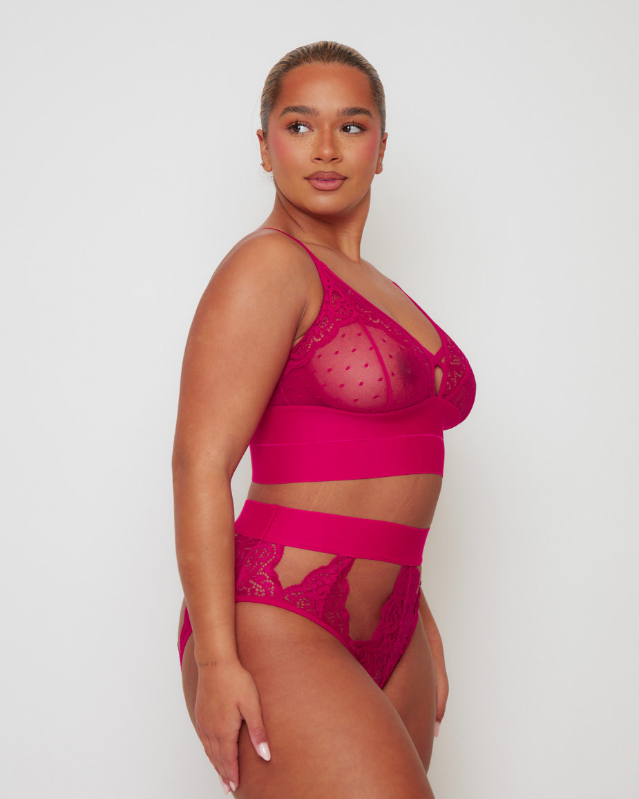 Side view of the Tutti Rouge Victoria Bralette and Cut Out High Waist Brief Set in Very Cherry showcasing soft mesh cups, floral lace and flattering cut-out brief detailing.