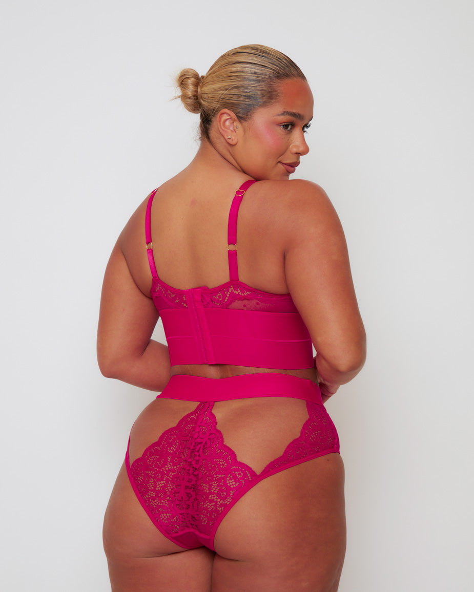 Three-quarter back view of the Tutti Rouge Victoria Bralette and Cut Out High Waist Brief Set in Very Cherry featuring sheer mesh, floral lace detailing and Brazilian back coverage.