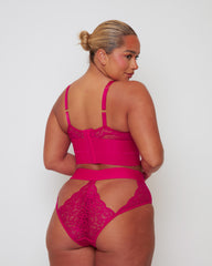 Three-quarter back view of the Tutti Rouge Victoria Bralette and Cut Out High Waist Brief Set in Very Cherry featuring sheer mesh, floral lace detailing and Brazilian back coverage.
