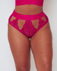 Front view of the Tutti Rouge Victoria Lace Cut Out High Waist Brief in Very Cherry featuring floral lace panels, high-rise waistband and elegant cut-out detailing.