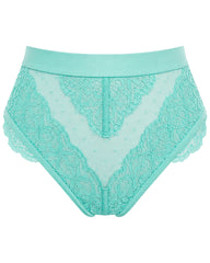 Front view of the Tutti Rouge Francine Thong in Ocean Wave, a flattering high-waisted thong featuring soft mint floral lace, sheer dotted mesh panels and a smooth comfort waistband.