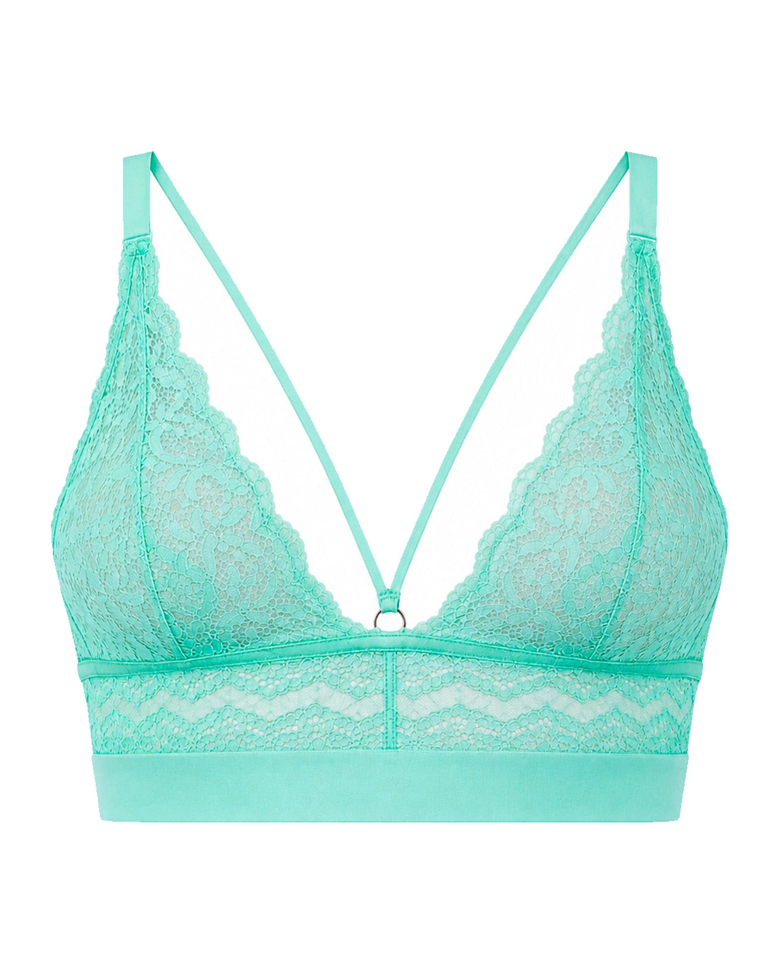 Front view of the Tutti Rouge Gia Bralette in Ocean Wave, a supportive wire-free fuller bust bralette featuring soft mint floral lace, a decorative front strap detail and a wide comfort underband.