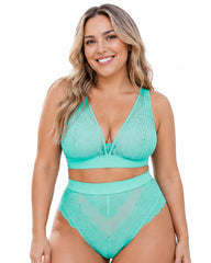 Front view of a model wearing the Tutti Rouge Hallie Bralette and Francine Thong in Ocean Wave, a supportive fuller bust lingerie set featuring soft mint floral lace, sheer mesh panels and a flattering high-waisted thong.