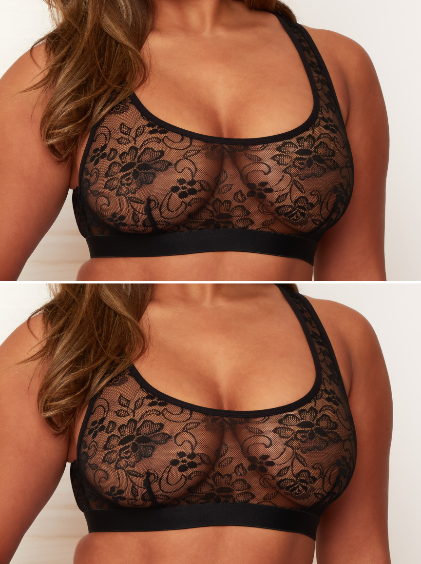 Black lace bralette worn by a model on a plain background