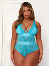 Alicia bluebird blue bodysuit with scalloped lace edges