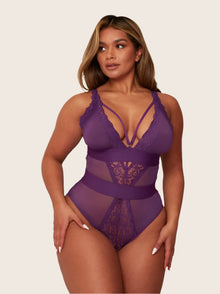  Alicia plush purple bodysuit in mesh with lace detailing