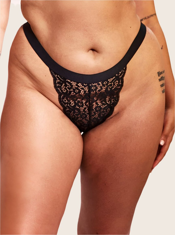 Aurora lace thong in midnight black, available in sizes XS - 6XL