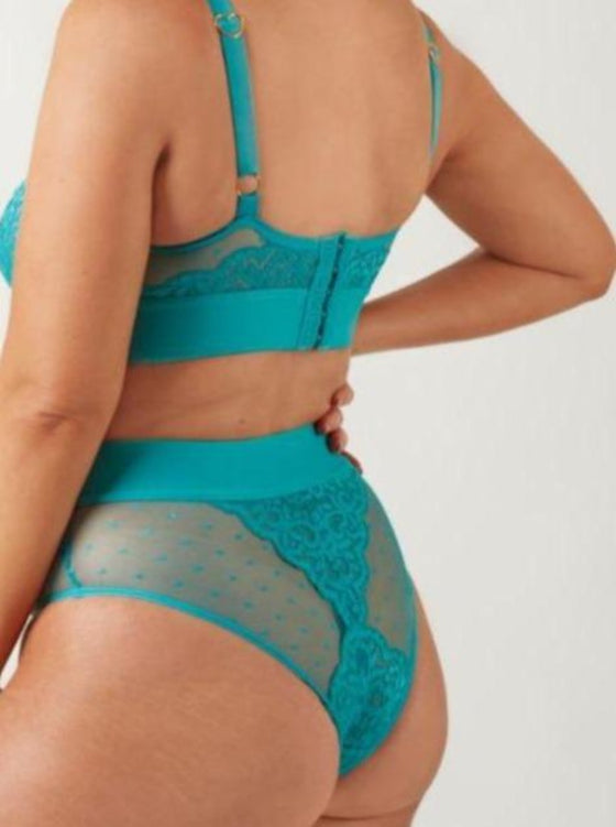 Complement your summer lingerie collection with these sexy turquoise briefs with cross over front detail and flattering high waist.